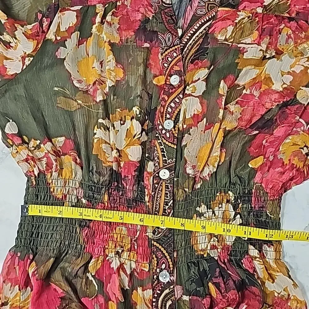 Women Sz S Maxi Sheer Dark Floral Fairy BOHO Tiered Ruffle Smocked Dress